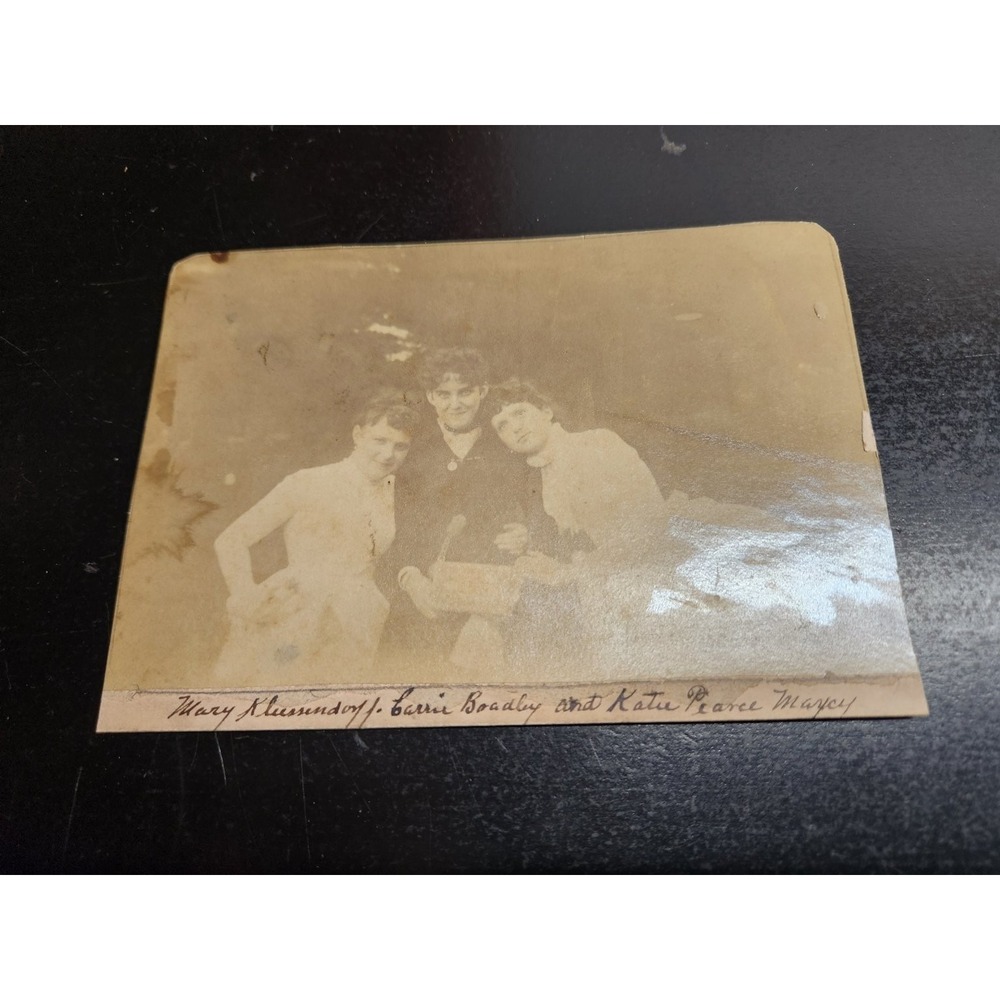 Antique Mounted Photo Portrait Three Women Mary Klemsdorf Carrie Broadly Sepia